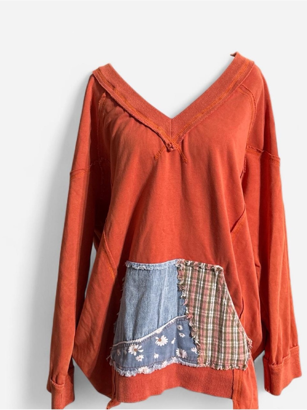 Blue Velvet Vintage-Inspired orange V-Neck Patchwork Pullover Hoodie